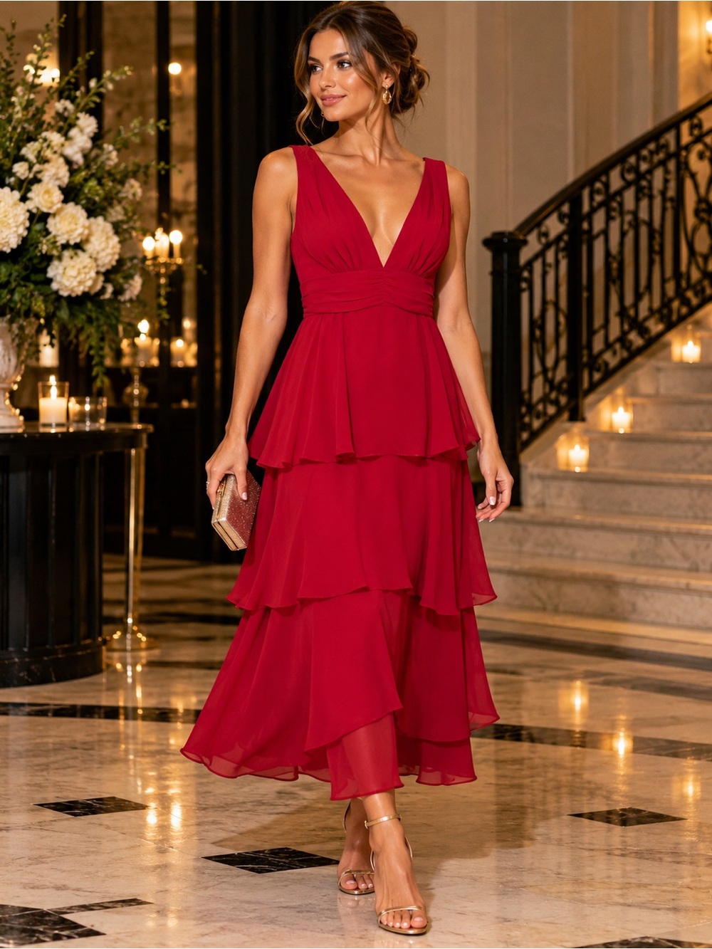 NWT LULUS Red Celebration Time Tiered Chiffon Midi Dress Size L Holiday Formal